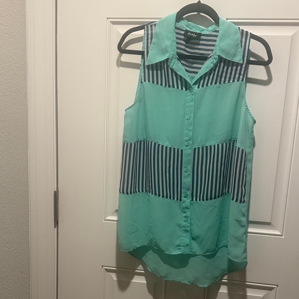 by & by Mint Green Sleeveless Button-Front Blouse with Navy Stripes